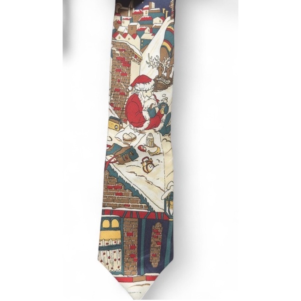 Vintage Y2K Santa Claus Reindeer Christmas Scene Silk Necktie Mens Holiday‎ Fun